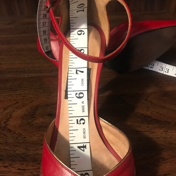 Vintage Red 3 inch Leather Pumps Heels, Gold Accents and Trim, Ankle Strap - Picture 9 of 10